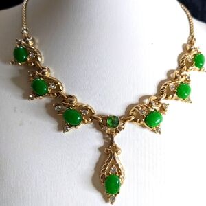 Genuine Green Malay Jade Vintage Necklace, Earrings, and Bracelet Set
